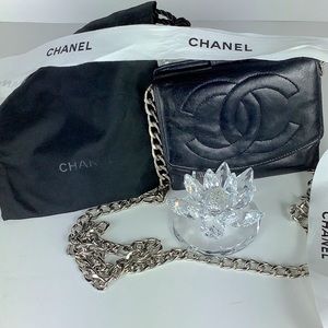 Chanel wallet, dust bag, chain & ribbon lambskin leather black Authentic